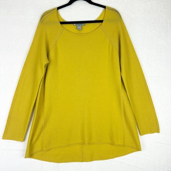 Incashmere Scoop Neck Sweater Size XL Perforated Detail Yellow Quiet Luxury - Picture 1 of 4